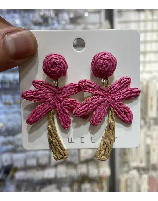 Renkli Yazlık Hasır Küpe: Koyu Pembe Palmiye Ağacı Model