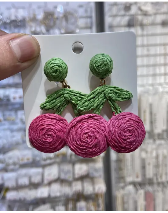 Yaz Tatillik El Yapımı Kiraz Figürlü Pembe Yeşil Kağıt Küpe