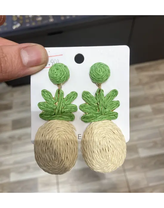 Ten Rengi & Yeşil Otantik El Yapımı Hasır Küpe