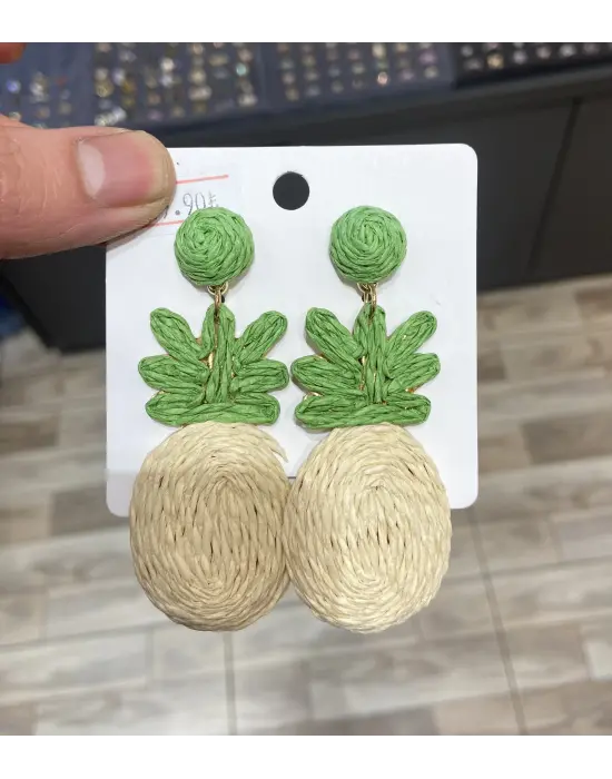 Ten Rengi & Yeşil Otantik El Yapımı Hasır Küpe