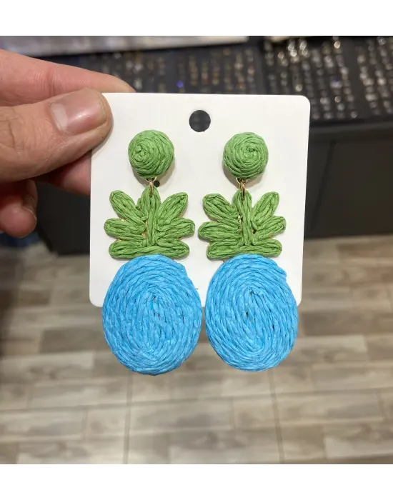 Mavi & Yeşil Renkli Yazlık El Dokuma Hasır Çelik Küpe