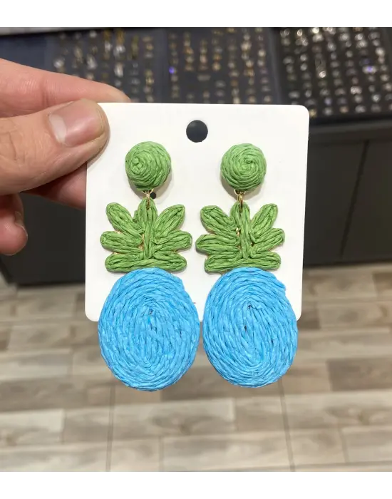 Mavi & Yeşil Renkli Yazlık El Dokuma Hasır Çelik Küpe