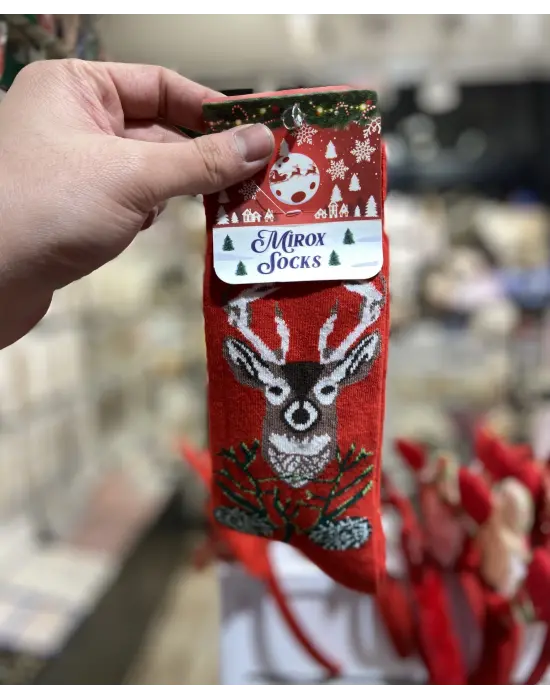 Erkek Uzun Yeni Yıl & Yılbaşı Temalı Çorap Geyikli Kırmızı