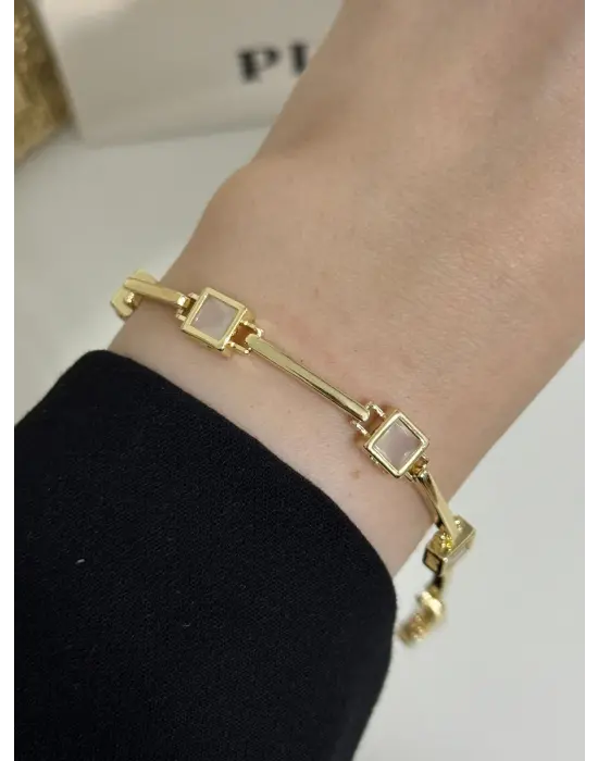 Çelik Kadın Bilekliği Kare Taşlı 14K Altın Kaplama