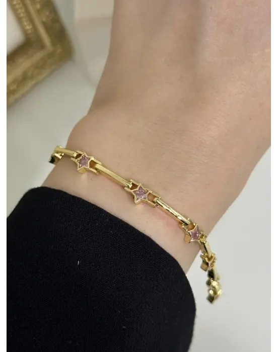 Pembe Taşlı Küçük Yıldız Figürlü Trend Kadın Çelik Bilekliği