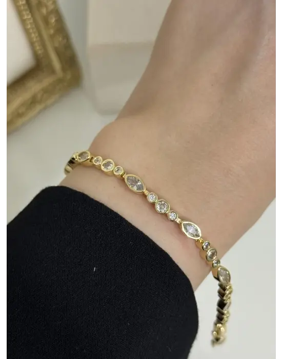 Damla & Yuvarlak Taşlı Çelik Sarı Renk 14K Vip Kadın Bileklik Abiyelik