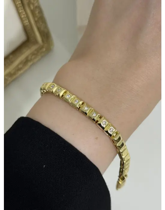 Altın Kaplama Taş Detaylı Kare Zincir Çelik Bileklik