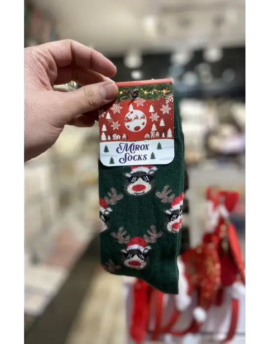 Erkek Noel Yeni Yıl Temalı Termal Çorap: Uzun 41-46 Numara Yeşil Renk Geyikli
