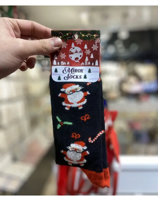 Siyah Renk Uzun Yünlü Şeker Figürlü Yılbaşı Yeni Yıl Çorap