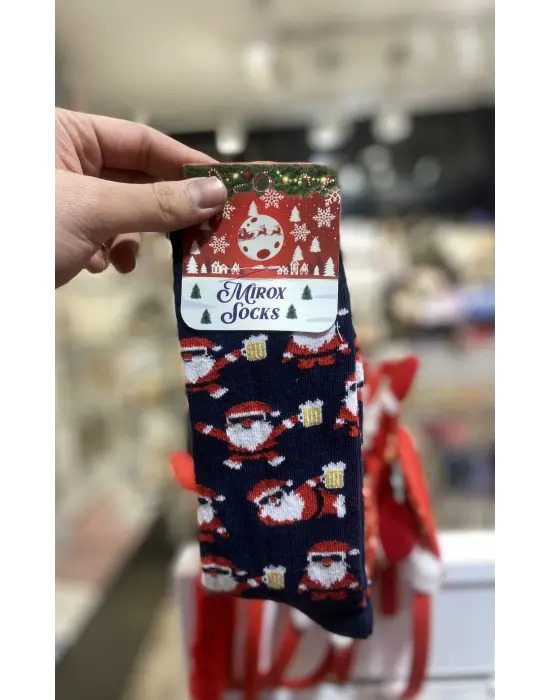 Koyu Mavi Termal Yün Dokuma Esprili Noel Temalı Erkek Çorap