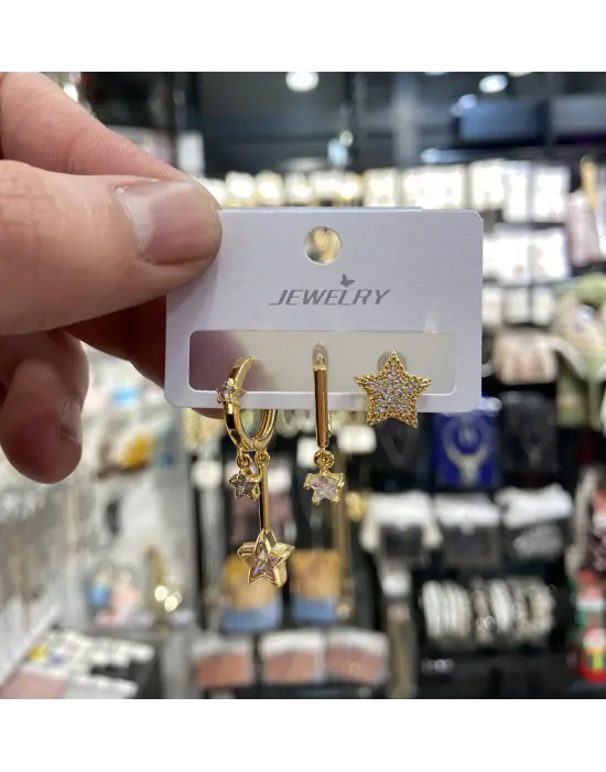 3’Lü Yıldız Figürlü Çelik Küpe Seti Gold Renk