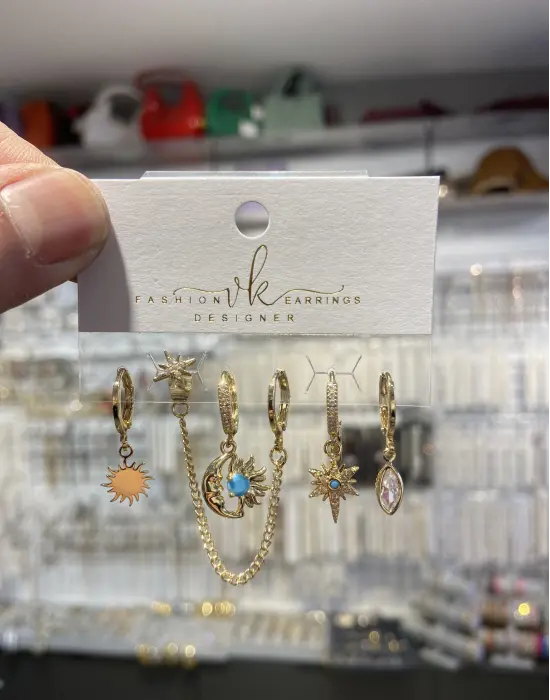 Kuzey Yıldızı Mavi Güneş Figürlü Çoklu Küpe Seti Altın Kaplama