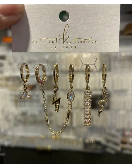 Şimşek Yılan Baget Üçgen Figürlü Halka Çoklu Küpe Seti Sarı Çelik