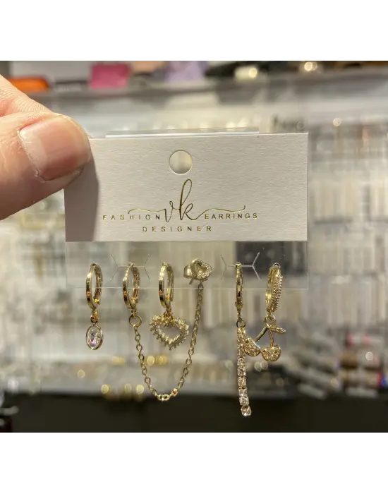 6’lı Çelik Küpe Seti: Gold Kiraz Sallantılı Kalp Su Yolu Motifli