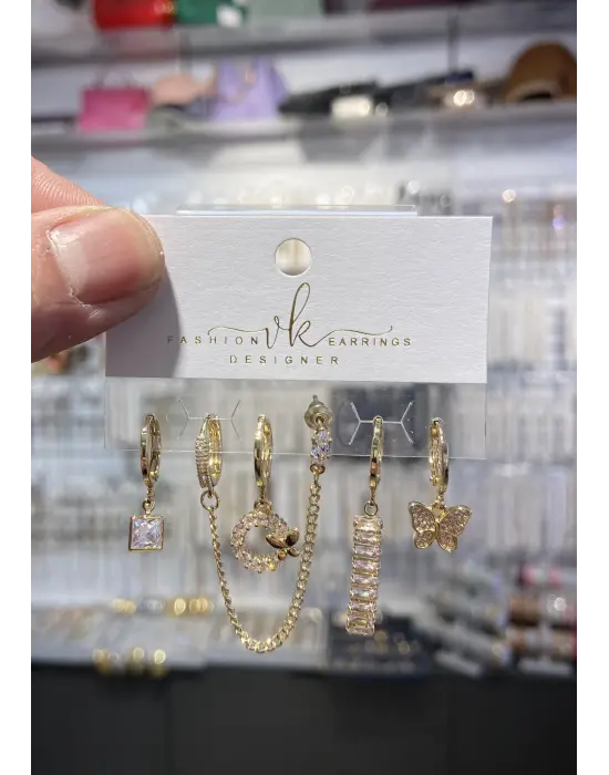 Gold Renk 6lı Çelik Çoklu Set Küpe Kelebek Baget Motif