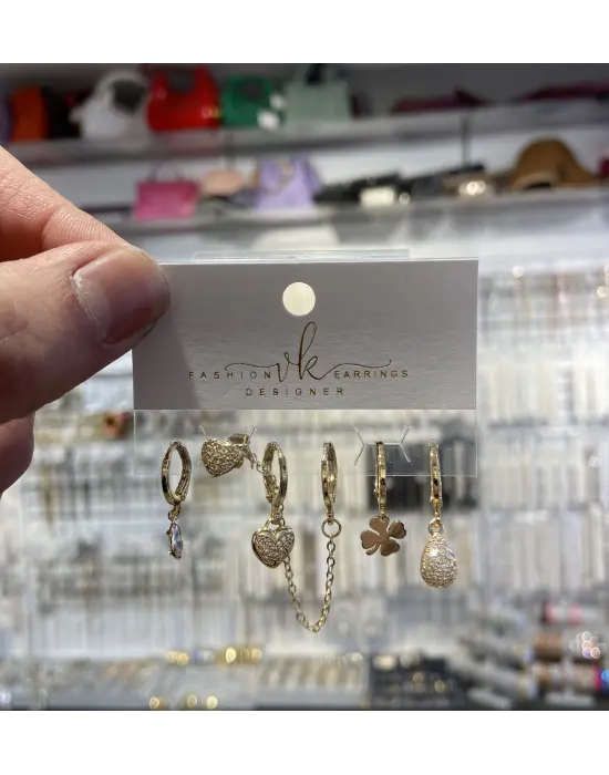 Kadın Çoklu 6lı Set Küpe - Kalp, Yonca, Damla Modelli