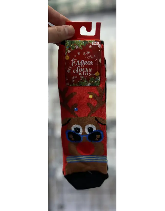 Noel 2026 Yeni Yıl Figürlü Çocuk Çorabı - Koyu Kırmızı Geyik Ev Araba Figür