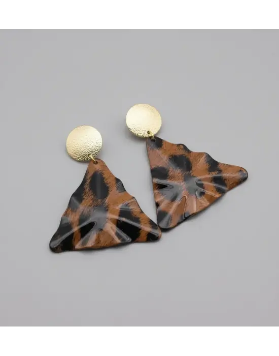 Üçgen Biçiminde Kahverengi Siyah Renkli Leopar Küpe Plaka Model