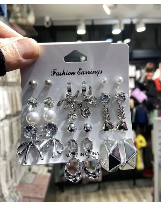 14 Çift Çelik Çoklu Set Küpe; Sarmal, Halka, Tektaş, Balık Figürlü