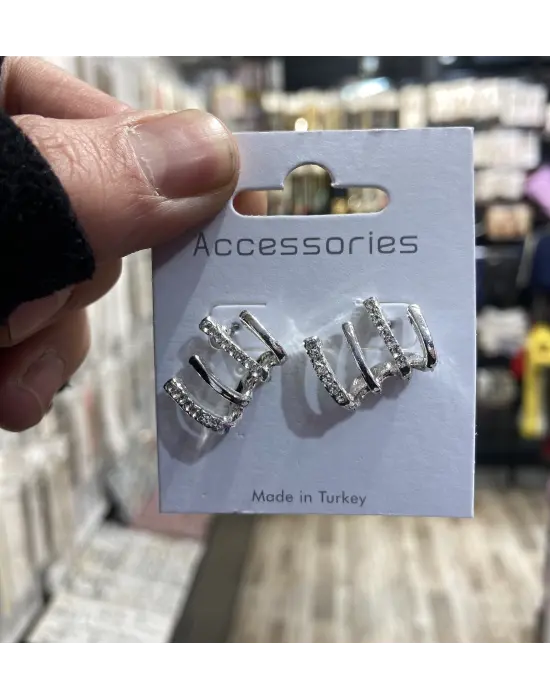 Çoklu Görünümlü Taşlı Kemik Küpe Gümüş Renk