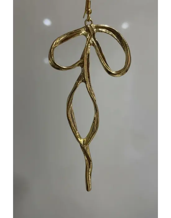 Altın Renk Büyük Boy Fiyonk & Kurdele Çelik Küpe