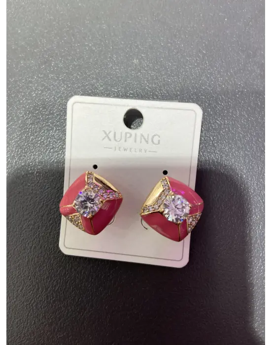 Fuşya Mine Renkli Ortası Taşlı Zarif Kare Küpe