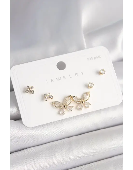 925 Ayar Çivi Gümüş Pirinç Gold Renk Zirkon Taşlı Kelebek Model Kadın Küpe Seti