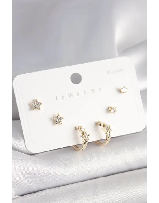925 Ayar Çivi Pirinç Gold Renk Zirkon Taşlı Yıldız Model Kadın Küpe Seti
