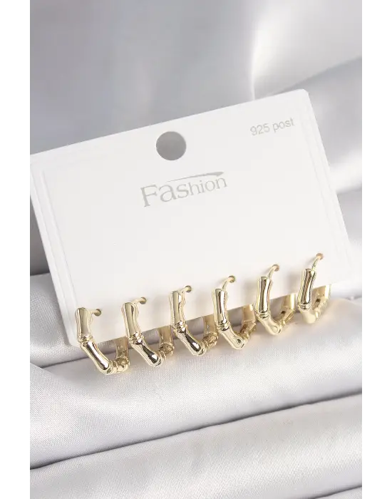 925 Ayar Gümüş Çivi Pirinç Gold Renk Bambu Halka Model Kadın Küpe Seti