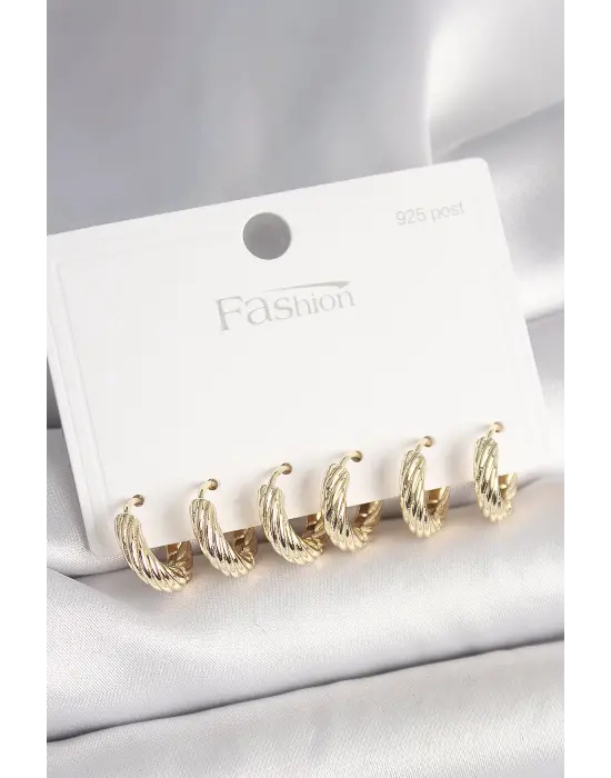 925 Ayar Gümüş Çivi Pirinç Gold Renk İşlemeli Halka Model Kadın Küpe Seti