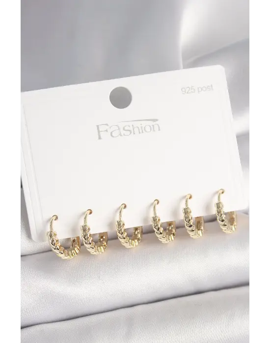 925 Ayar Gümüş Çivi Pirinç Gold Renk Kalp İşlemeli Halka Model Kadın Küpe Seti