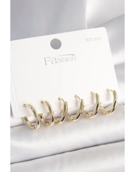 925 Ayar Gümüş Çivi Pirinç Gold Renk Oval Halka Model Kadın Küpe Seti