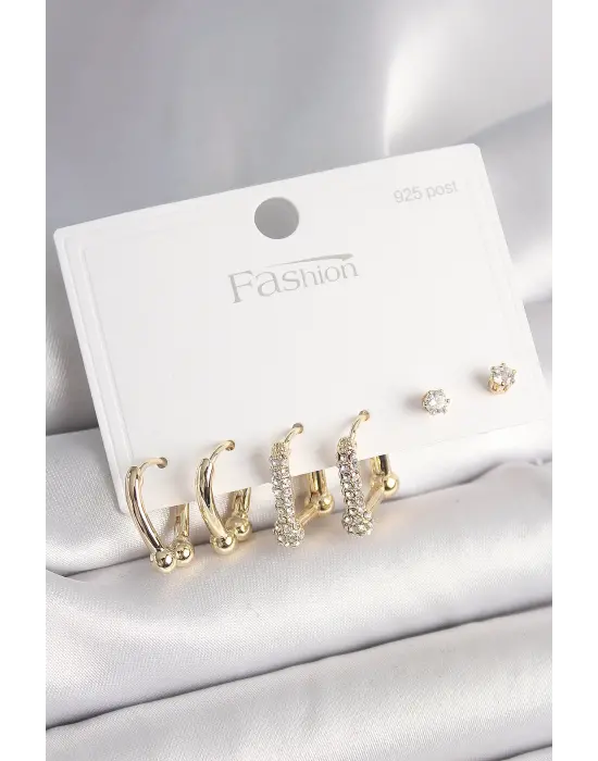 925 Ayar Gümüş Çivi Pirinç Gold Renk Tiffany Halka Model Kadın Küpe Seti