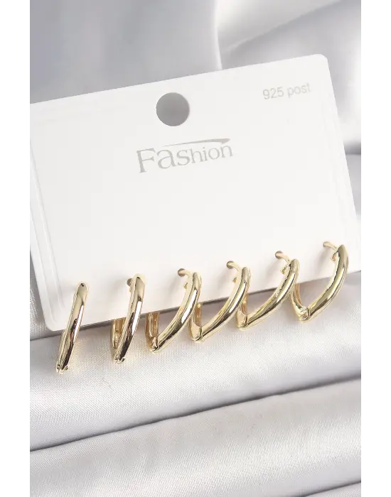 925 Ayar Gümüş Çivi Pirinç Gold Renk Üçgen Model Kadın Küpe Seti