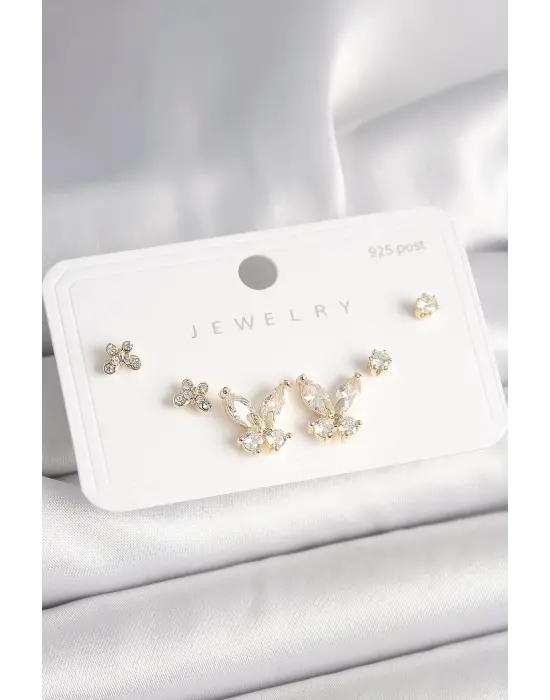 925 Ayar Gümüş Çivi Pirinç Gold Renk Zirkon Taşlı Kelebek Model Kadın Küpe Seti