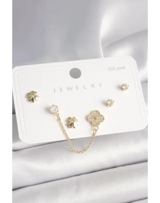 925 Ayar Gümüş Çivi Pirinç Gold Renk Zirkon Taşlı Yonca Model Sallantı Zincir Detay Kadın Küpe Seti