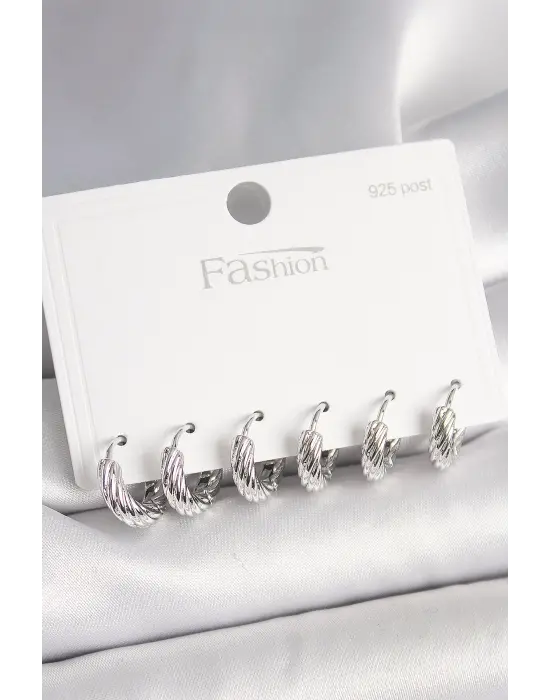 925 Ayar Gümüş Çivi Pirinç Gümüş Renk İşlemeli Halka Model Kadın Küpe Seti