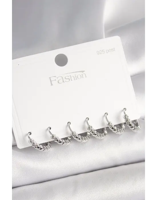 925 Ayar Gümüş Çivi Pirinç Gümüş Renk Kalp İşlemeli Halka Model Kadın Küpe Seti