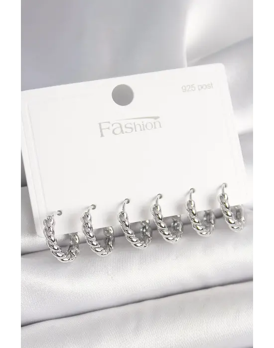 925 Ayar Gümüş Çivi Pirinç Gümüş Renk Sarmal Halka Model Kadın Küpe Seti