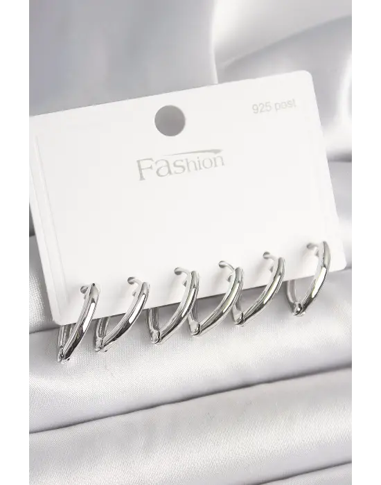 925 Ayar Gümüş Çivi Pirinç Gümüş Renk Üçgen Model Kadın Küpe Seti