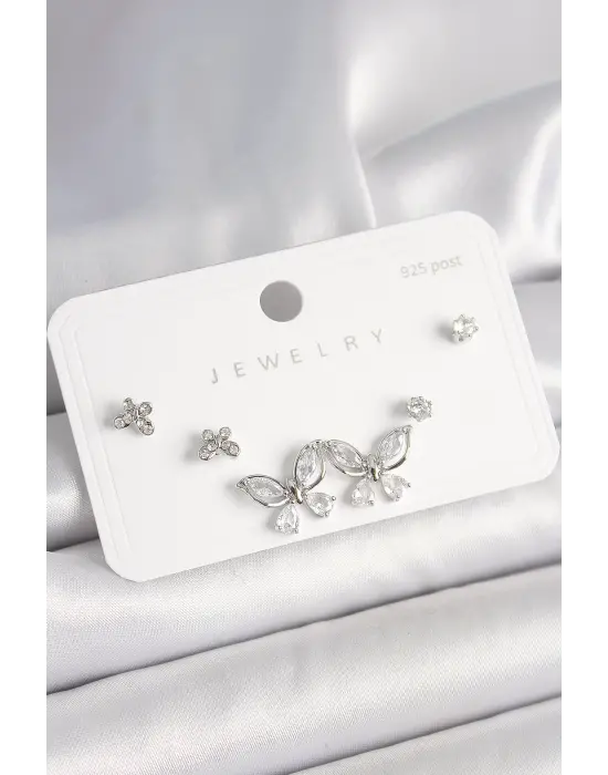 925 Ayar Gümüş Çivi Pirinç Gümüş Renk Zirkon Taşlı Kelebek Model Kadın Küpe Seti