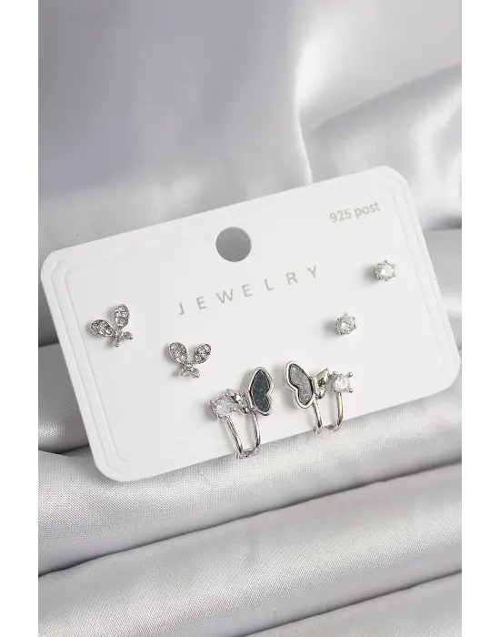 925 Ayar Gümüş Çivi Pirinç Gümüş Renk Zirkon Taşlı Kelebek Model Kadın Küpe Seti