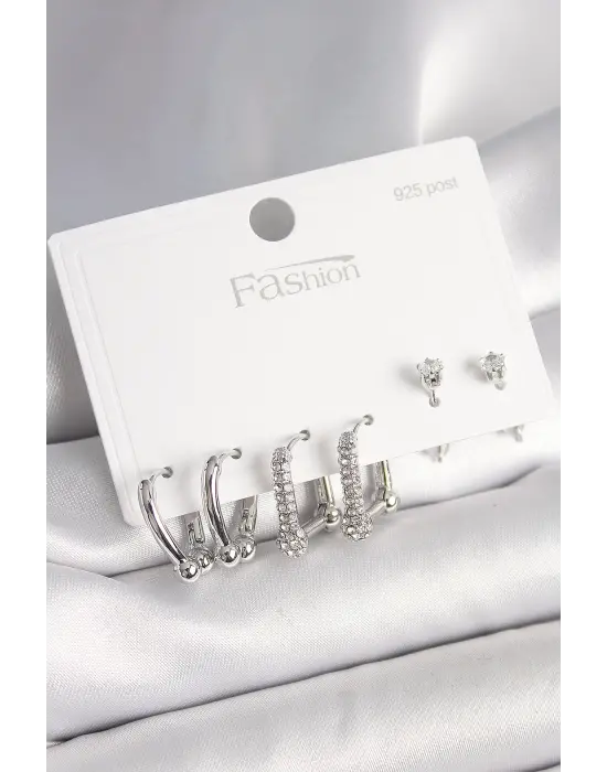 925 Ayar Gümüş Çivi Pirinç Gümüş Renk Zirkon Taşlı Tiffany Halka Model Kadın Küpe Seti