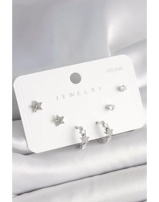925 Ayar Gümüş Çivi Pirinç Gümüş Renk Zirkon Taşlı Yıldız Model Kadın Küpe Seti