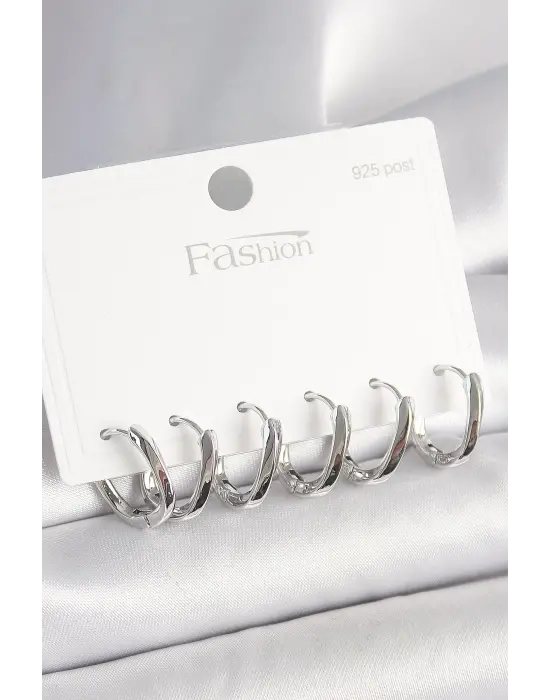 925 Ayar Gümüş Çivi Pirinç Oval Halka Model Kadın Küpe Seti