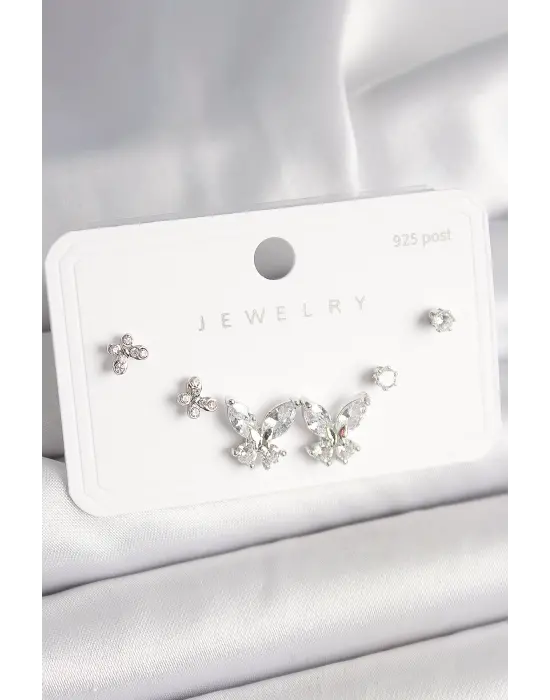 925 Ayar Gümüş Çivi Pirinç Zirkon Taşlı Kelebek Model Kadın Küpe Seti