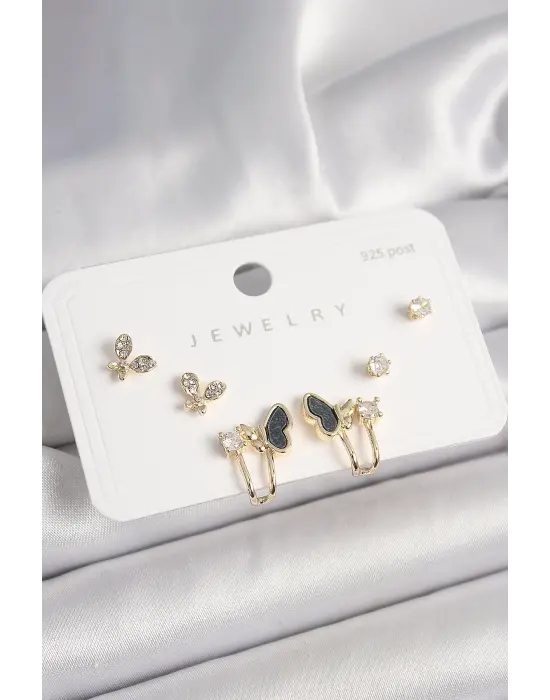 925 Ayar Gümüş Çivi Pirinç Zirkon Taşlı Kelebek Model Kadın Küpe Seti