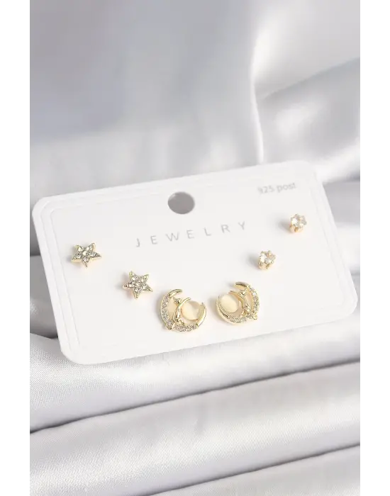 925 Ayar Gümüş Çivi Zirkon Taşlı Hilal Yıldız Model Kadın Küpe Seti