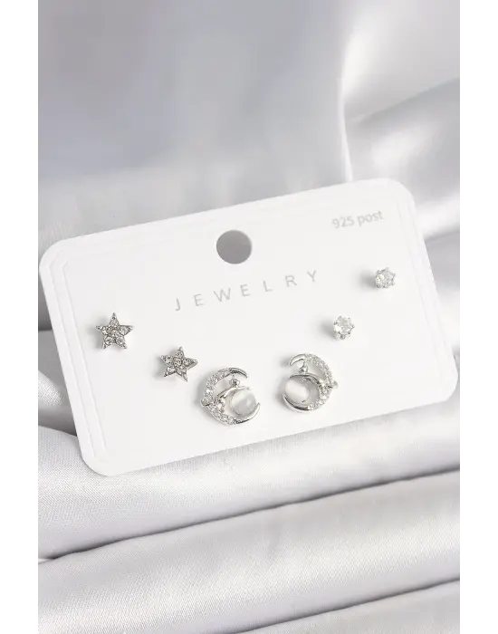 925 Ayar Gümüş Çivi Zirkon Taşlı Hilal Yıldız Model Kadın Küpe Seti