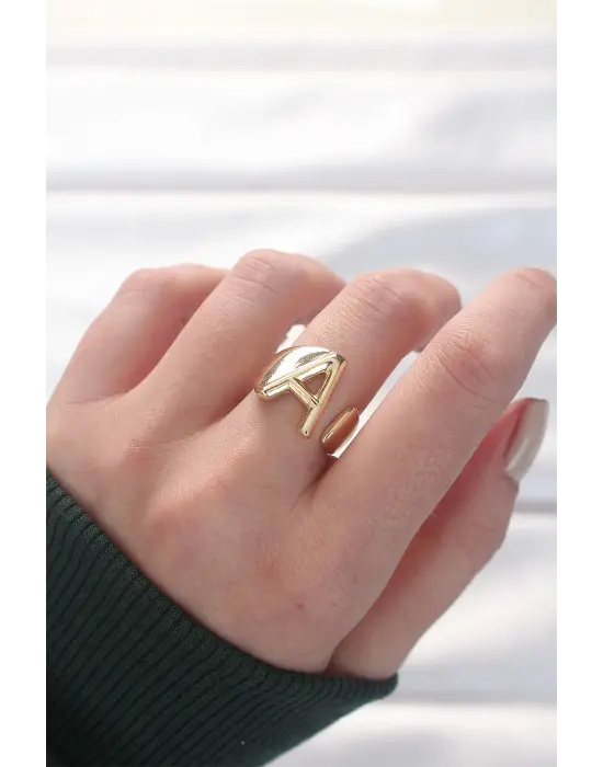 A Harfli Altın Renk Ayarlanabilir Yüzük